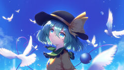  1girl absurdres bird bird_request black_hat blue_eyes blush bow buttons chinese_commentary closed_mouth collared_shirt commentary_request crying crying_with_eyes_open diamond_button disembodied_linked_eye eyeball frilled_shirt_collar frills green_hair hair_between_eyes hat hat_bow heart heart_of_string highres koishi_day komeiji_koishi looking_at_viewer shirt short_hair solo tears touhou upper_body white_bird yellow_bow yellow_shirt z0xy439 