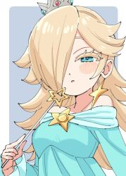  1girl absurdres aqua_dress blue_eyes blush border brooch commentary_request crown dress earrings grey_crown hair_over_one_eye half-closed_eye highres holding holding_wand jewelry off-shoulder_dress off_shoulder outside_border rosalina silver_crown solo star_(symbol) star_brooch star_earrings star_wand sukoyaka_(100hituzi) super_mario_bros. super_mario_galaxy upper_body wand white_border 