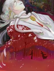  2boys abstract_background bare_tree bu_ye chinese_clothes chinese_commentary closed_eyes coat colored_inner_hair double_exposure ear_piercing earrings forest full_body gold_earrings hair_between_eyes hanfu highres holding holding_scissors hua_yi_shanxin_zhiyue iridescent_hair jewelry long_hair long_sleeves lying male_focus multicolored_hair multiple_boys nature neck_tassel on_back parted_lips piercing red_coat red_hanfu robe running scissors silhouette snake snake_wrapped_around_neck snowing solo_focus standing tassel tree upper_body very_long_hair white_hair white_hanfu white_robe white_snake wide_sleeves wuliaodehuaji xie_xingyi 