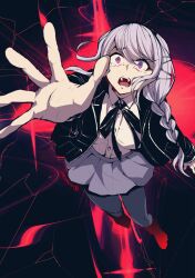  1girl black_background black_hairband black_jacket black_ribbon braid collared_shirt commentary_request full_body grey_hair grey_pantyhose grey_skirt hairband jacket kirifuji_nozomi long_hair looking_at_viewer neck_ribbon nitori2ku open_mouth outstretched_arm outstretched_hand pantyhose red_background ribbon shirt skirt solo tearing_up the_hundred_line_-last_defense_academy- twitter_username two-tone_background violet_eyes white_shirt wide-eyed 