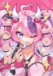  1girl absurdres ahoge cake choker demon_girl demon_horns demon_wings doughnut food head_wings heart heart_ahoge highres horns ice_cream ice_cream_cone indie_virtual_youtuber ironmouse ironmouse_(15th_costume) lenpinky looking_at_viewer multicolored_hair one_eye_closed pink_background pink_choker pink_hair pointy_ears pudding purple_hair purple_streaks sparkle spiked_choker spikes spoon streaked_hair tongue tongue_out twintails violet_eyes virtual_youtuber white_horns wings 