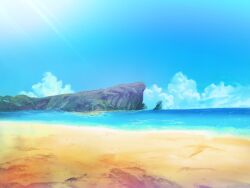  beach blue_sky cliff clouds day divine_heart_makina footprints game_asset horizon landscape no_humans non-web_source ocean official_art outdoors rock sand scenery self-datamine shore sky sunlight visual_novel_cg water waves 