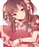  1girl alternate_hairstyle blunt_bangs blush bow breasts brown_dress brown_eyes brown_hair dot_nose dress fingerless_gloves gloves hair_bow hair_ribbon holding idolmaster idolmaster_cinderella_girls idolmaster_cinderella_girls_starlight_stage long_hair looking_at_viewer medium_breasts mizumoto_yukari open_mouth pink_ribbon puffy_short_sleeves puffy_sleeves ribbon short_sleeves simple_background smile solo twintails upper_body wato_(ko) white_background white_gloves 