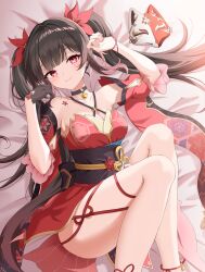 1girl absurdres black_choker black_hair blush choker fox_mask hameln_11 highres honkai:_star_rail honkai_(series) long_hair looking_at_viewer lying mask red_eyes red_nails smile sparkle_(honkai:_star_rail) twintails 