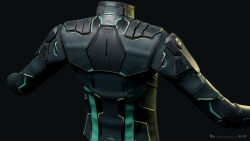 3d aqua_trim black_jacket blender_(medium) bodysuit clothes_focus commentary company_logo copyright_logo copyright_name dark_background dated english_commentary eve_online from_behind gallente_federation_(eve_online) grey_background highres honeycomb_(pattern) honeycomb_print jacket logo long_sleeves marmoset_toolbag_(medium) maya_(medium) no_humans official_art photorealistic realistic undoz upper_body zbrush_(medium) 