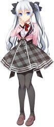  1girl absurdres arm_at_side back_bow black_bow black_pantyhose blue_eyes bow bowtie breasts brown_shoes bubble_skirt buttons center_frills closed_mouth collared_shirt cropped_jacket double-breasted frills fuyuichi_monme game_asset grey_bow grey_skirt hair_bow hand_on_own_cheek hand_on_own_face hand_up harizome_shione high-waist_skirt highres jacket lapels large_breasts loafers long_hair long_sidelocks long_sleeves looking_at_viewer multiple_hair_bows non-web_source open_clothes open_jacket pantyhose pink_jacket plaid_bow plaid_clothes plaid_skirt pleated_skirt red_bow red_bowtie ren'ai_x_royale school_uniform self-datamine shirt shoes sidelocks skirt solo standing tachi-e transparent_background twintails very_long_hair white_hair white_shirt 
