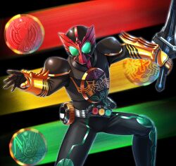  1boy armored_bodysuit black_bodysuit bodysuit commentary_request core_medal green_eyes green_trim helmet holding holding_sword holding_weapon kamen_rider kamen_rider_ooo kamen_rider_ooo_(series) kamen_rider_ooo_(tatoba_combo) medajaribur o_medal o_scanner ooo_driver rider_belt shingo_(picturepuzzle) solo sword tokusatsu weapon yellow_trim 