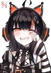  1girl ahoge animal_ear_headphones animal_ears arm_belt asymmetrical_sleeves bare_shoulders belt_collar black_choker black_hair black_nails black_sweater cat_ear_headphones cat_ears choker collar dated eyeball_hair_ornament fake_animal_ears goniruku headphones highres long_sleeves looking_at_viewer mahou_shoujo_no_majo_saiban multicolored_hair nail_polish off-shoulder_sweater off_shoulder one_eye_closed orange_eyes orange_nails orange_streaks portrait sawatari_coco sharp_teeth shirt short_hair simple_background single_bare_shoulder smile solo straight-on streaked_hair striped_sleeves sweater tearing_up teeth white_background white_shirt 