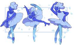  1boy absurdres androgynous aqua_pantyhose aqua_shoes arm_up artist_name attitude_derriere ballet ballet_dress ballet_slippers bare_arms blue_(deltarune) blue_dress blue_hair blue_skin closed_eyes closed_mouth colored_skin commentary crossdressing crossdressing_(mtf) crossed_ankles dancing deltarune drawloverlala dress en_pointe english_commentary fourth_position_of_the_arms full_body hair_bun highres leg_up lips multiple_views nose open_fifth_position_of_the_arms open_mouth outstretched_arms pantyhose shoes signature sleeveless sleeveless_dress standing standing_on_one_leg tendu utdr_(toby_fox) 