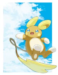  :d alolan_raichu blue_eyes blue_sky clouds commentary_request highres nashimochi_4 no_humans open_mouth orange_fur outdoors pokemon pokemon_(creature) pokemon_focus sky smile surfing tail 