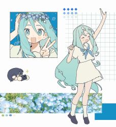  2girls ^_^ aqua_eyes aqua_hair arm_up awase_marina black_hair black_shoes blue_flower blue_neckerchief camera closed_eyes closed_mouth flower flower_wreath full_body green_eyes hair_between_eyes hand_up head_wreath highres holding holding_camera jikkyou_powerful_pro_yakyuu loafers long_hair looking_at_viewer multiple_girls multiple_views neckerchief nemophila_(flower) open_mouth photo_inset portrait power_pro_appli sailor_collar school_uniform serafuku shinkai_iroha shirt shoes short_hair short_sleeves single-lens_reflex_camera skirt socks solo_focus sparkle standing taking_picture v very_long_hair white_sailor_collar white_serafuku white_shirt white_skirt white_socks yo_sd99 