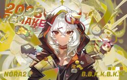  1girl asakura_neko badge black_jacket black_shirt character_doll choker closed_mouth cytus cytus_ii dark-skinned_female dark_skin doll expressionless hair_ornament hairclip highres hood hood_up hooded_jacket horned_hood horns ivy_(cytus) jacket mato-c meowbot portrait red_choker red_eyes red_horns red_trim robo_head_(cytus) shirt white_hair 