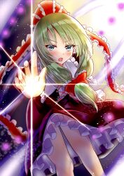 1girl absurdres attacking_viewer blush bow commentary dress frilled_bow frilled_dress frilled_ribbon frills green_eyes green_hair hair_bow highres kagiyama_hina long_hair looking_at_viewer open_mouth red_bow red_dress red_ribbon ribbon solo touhou wrist_ribbon yuki_(snowmaiden) 