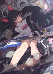  1girl absurdres animal_ears arm_up badge bare_legs bass_guitar bespectacled black-framed_eyewear black_hair black_jacket blue_archive blunt_bangs blurry blurry_background blurry_foreground bottle box bracelet cat_ears cat_girl check_commentary clothes_on_wall colored_inner_animal_ears colored_inner_hair commentary_request dutch_angle effects_pedal extra_ears feet_out_of_frame glass_bottle glasses glassware guitar guitar_case halo head_tilt highres holding holding_bottle indoors instrument instrument_case jacket jewelry kazusa_(band)_(blue_archive) kazusa_(blue_archive) long_sleeves looking_at_viewer multicolored_hair ogipote open_clothes open_jacket parted_lips pink_hair poster_(object) reading red_eyes sheet_music shirt short_hair sidelocks sitting skirt speaker sticker watermark white_shirt white_skirt 