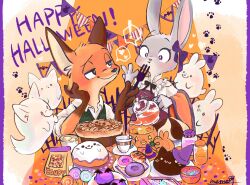  ! 1boy 1girl :3 alternate_costume animal_ears animal_nose black_ribbon body_fur bow brown_fur cake candy closed_mouth collared_dress collared_shirt commentary constricted_pupils cup cupcake doughnut dress ear_bow eating english_commentary english_text food fork fox_boy fox_ears frilled_dress frills furry furry_female furry_male furry_with_furry ghost glass_teapot green_eyes green_vest grey_fur half-closed_eyes halloween halloween_bucket hand_on_own_cheek hand_on_own_face hands_up happy happy_halloween hat head_rest heart hetero highres holding holding_fork interspecies jar judy_hopps lollipop looking_at_another marshmallow meme_(penpengusa_no_meme) mini_hat multicolored_fur neck_ribbon nick_wilde orange_background orange_fur paw_print pie plate pouring purple_dress purple_hat rabbit_ears rabbit_girl raised_eyebrow ribbon saucer shirt smile snout speech_bubble spoken_exclamation_mark spoken_heart star_(symbol) stew string_of_flags surprised sweater_vest tea teacup teapot unworn_hat unworn_headwear vest violet_eyes white_shirt wide-eyed witch_hat wrapped_candy yellow_fur zootopia 