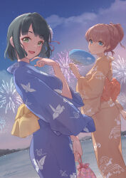  2girls absurdres animal_print aqua_eyes ass bird_print black_hair blue_kimono blush cerise_bouquet closed_mouth clouds commentary fireworks flower from_side green_eyes hair_flower hair_ornament hair_up hand_fan hand_to_own_mouth happy highres hinoshita_kaho hinoshita_kaho_(hokkoku_hanabi) holding holding_fan japanese_clothes kimono kinchaku kobassy looking_at_viewer love_live! love_live!_hasu_no_sora_jogakuin_school_idol_club medium_hair momose_ginko momose_ginko_(hokkoku_hanabi) mountain multiple_girls night obi ocean open_mouth orange_hair orange_kimono origami paper_crane pouch print_kimono sash short_hair signature sky smile star_(sky) starry_sky teeth upper_teeth_only virtual_youtuber wave_print yukata 