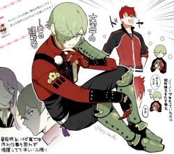  3boys armor belt black_jacket black_pants closed_eyes closed_mouth flower_symbol gloves green_armor green_eyes green_hair grey_belt hachisuka_kotetsu hair_between_eyes hair_over_one_eye jacket japanese_armor kaidou_j1 leg_armor long_hair male_focus multicolored_jacket multiple_boys ookanehira_(touken_ranbu) open_mouth pants pink_hair red_gloves red_jacket short_hair shoulder_armor simple_background smile speech_bubble touken_ranbu translation_request twitter_username two-tone_jacket uguisumaru white_background 