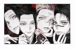  1girl 4boys black_jacket border choso_(jujutsu_kaisen) closed_mouth extra_eyes facial_mark facial_tattoo fingernails forehead_tattoo geto_suguru geto_suguru_(kenjaku) hair_bun hand_on_own_chin highres hood hood_down hoodie itadori_kaori jacket jacket_over_hoodie japanese_clothes jujutsu_kaisen kenjaku looking_at_another looking_at_viewer multicolored_hair multiple_boys outline pink_hair red_background red_eyes red_hoodie ryoumen_sukuna_(jujutsu_kaisen) scar scar_on_face scar_on_forehead serisqsek9 short_hair simple_background single_hair_bun tattoo two-tone_hair undercut white_border white_outline 