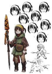  +_+ 1girl :o ^_^ anger_vein angry arm_at_side bag bead_bracelet beads black_hair blush boots bracelet brown_bag brown_boots brown_pants brown_sleeves clenched_teeth closed_eyes closed_mouth commentary_request dot_nose eyelashes fantasy fighting_stance from_side full_body green_tunic hairband hand_up head_only highres holding holding_polearm holding_weapon hood hood_down hooded_tunic jewelry jun_(navigavi) knee_boots long_sleeves looking_at_viewer motion_lines multiple_views open-toe_boots open_mouth original pants parted_lips pointy_ears polearm ponytail sad scared short_hair short_ponytail shoulder_bag side_ponytail sidelocks simple_background sketch_inset smile spear spinning_weapon standing surprised teeth tongue tongue_out tunic upper_body upper_teeth_only wavy_mouth weapon white_background wide_sleeves yellow_eyes yellow_hairband 