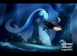  aobi_3814 claws closed_mouth commentary dragapult dreepy floating forest ghost_tail grass highres moss nature night no_humans on_head pokemon pokemon_(creature) pokemon_focus pokemon_on_head pokemon_team red_claws rock tree untranslatable_commentary yellow_eyes 