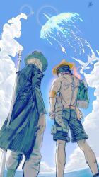  3boys absurdres back back_tattoo backpack bag belt bird black_coat black_hair blonde_hair blue_sky coat commentary fire gloves hat highres marco_(one_piece) multiple_boys one_piece pants phoenix portgas_d._ace prof_8b sabo_(one_piece) short_hair shorts signature sky tattoo topless_male 