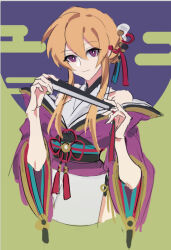  1girl alternate_costume alternate_hairstyle arong black_sash blonde_hair closed_mouth clothing_request commentary dated_commentary egasumi folded_fan folding_fan green_background hand_fan holding holding_fan japanese_clothes kimono looking_at_viewer obi purple_background sash smile solo touhou two-tone_background violet_eyes white_kimono wide_sleeves yakumo_yukari 