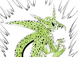  amayuki318 arthropod_boy arthropod_limbs aura black_nails carapace cell_(dragon_ball) commentary_request dragon_ball dragon_ball_z fighting_stance forehead_jewel highres imperfect_cell joints kamehameha_(dragon_ball) long_hair monster partially_colored powering_up simple_background spotted_skin tail very_long_hair white_background wings 