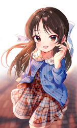  1girl :d adjusting_hair belt blue_sweater blurry blurry_background blush bow brown_belt brown_dress brown_eyes brown_hair collarbone collared_sweater dress dress_under_sweater hair_bow hand_up high-waist_belt idolmaster idolmaster_cinderella_girls long_hair long_sleeves looking_at_viewer medium_dress nana8llo open_clothes open_mouth outdoors partially_unbuttoned plaid_clothes plaid_dress smile solo sweater tachibana_arisu white_bow 