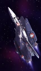  1boy canopy_(aircraft) choujikuu_yousai_macross commentary_request energy_cannon gun gunpod highres machine_gun macross mecha_pilot_suit missile missile_pod nebula nyaou pilot roundel science_fiction space star_(sky) thrusters u.n._spacy variable_fighter vernier_thrusters vf-1 vf-1_super vf-1a weapon zero_gravity 