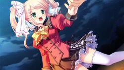  1boy 1girl black_sailor_collar black_skirt bow bowtie breasts buttons clouds cross-laced_clothes double-breasted dutch_angle forest frilled_skirt frills game_asset green_eyes hair_bow hanamaki_mei holding_hands juliet_sleeves long_sleeves looking_at_another medium_breasts medium_hair miniskirt mountain nanami_ayane nature night non-web_source open_mouth orange_memories outdoors pink_hair pleated_skirt puffy_sleeves sailor_collar school_uniform self-datamine skirt sky sleeve_cuffs standing thigh-highs twintails white_bow white_thighhighs yellow_bow yellow_bowtie 