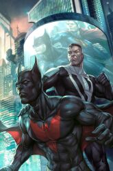  3boys batman batman_(series) batman_symbol black_bodysuit bodysuit bruce_wayne building cape clark_kent comic_cover commentary cover cover_page cowl dc_comics english_commentary male_focus multiple_boys official_art red_cape skyscraper stanley_lau superhero_costume superman superman_(series) superman_logo taut_bodysuit taut_clothes terry_mcginnis textless_cover_page textless_version 