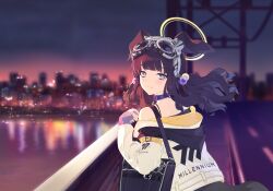  1girl 9ml animal_collar animal_ears arm_belt bag bare_shoulders belt black_hair black_shirt blue_archive blue_eyes blunt_bangs blurry blurry_background blush bokeh bridge choker city_lights cityscape closed_mouth clothes_writing collar depth_of_field dog_ears dog_girl floppy_ears from_behind game_asset goggles goggles_on_head hair_bobbles hair_ornament halo hand_up hibiki_(blue_archive) highres jacket long_hair long_sleeves looking_at_viewer looking_back millennium_science_school_logo multicolored_hair_bobbles night non-web_source off_shoulder official_art outdoors purple_choker railing reflection river school_bag self-datamine shirt shoulder_bag sidelocks sleeveless sleeveless_shirt sleeves_past_wrists smile solo upper_body water white_jacket yellow_belt yellow_halo 