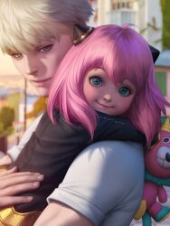  1boy 1girl anya_(spy_x_family) blonde_hair blue_eyes blurry blurry_background carrying carrying_person child closed_mouth commentary depth_of_field director_chimera_(spy_x_family) english_commentary green_eyes highres hug lips looking_at_another looking_at_viewer pink_hair smile spy_x_family stanley_lau stuffed_animal stuffed_toy teddy_bear twilight_(spy_x_family) uncanny_valley 