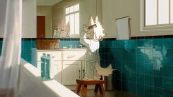  1girl animal_ears animal_nose basket bathroom bathtub brushing_hair child comb commentary dog_ears dog_girl dog_tail electrical_outlet english_commentary furry furry_female highres mirror on_stool original pajamas reflection shower_curtain solo standing stool striped_clothes striped_pajamas sykana tail tail_through_clothes tile_wall tiles white_hair window 