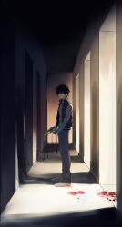  1boy black_hair blood blood_on_ground bloody_footprints commentary_request from_side full_body grey_pants grey_shirt grey_theme hair_between_eyes holding_headgear indoors jacket long_sleeves looking_at_viewer male_focus open_clothes open_jacket pants qniokun shirt shoes short_hair sleeveless sleeveless_jacket solo standing toaru_majutsu_no_index toaru_majutsu_no_index:_old_testament unworn_headgear yobou_banka 