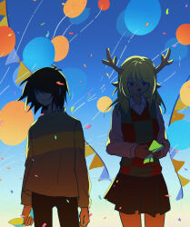  1girl 1other akitsuki_(oenothera) antlers balloon black_eyes black_hair black_pants black_skirt blue_background checkered_clothes checkered_sweater_vest chinese_commentary collared_shirt commentary confetti deer_antlers deer_girl deltarune furry furry_female green_sweater green_sweater_vest highres holding holding_paper horns kris_(deltarune) noelle_holiday pants paper red_sweater_vest shirt skirt string_of_flags sweater sweater_vest two-tone_sweater_vest utdr_(toby_fox) white_shirt 