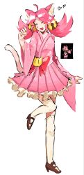  1girl ^_^ ahoge animal_ears bell bell_ear_ornament bf_tsukimi blush_stickers brown_shoes cat_ears cat_girl cat_tail closed_eyes commentary_request deltarune flower full_body gloves gold_bell hair_bell hair_flower hair_ornament heart highres japanese_clothes jewelry kimono kneehighs leg_up locket mad_mew_mew official_alternate_costume open_mouth pendant pink_flower pink_hair pink_kimono pixel_art_inset screenshot_inset shoes single_blush_sticker single_paw_pose socks standing standing_on_one_leg tail utdr_(toby_fox) white_background white_gloves white_socks wide_sleeves 