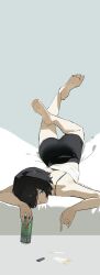  1girl absurdres bare_shoulders barefoot beer_can black_hair black_shorts blue_eyes cameltoe can cigarette closed_mouth drink_can hair_over_one_eye highres legs linooohead looking_at_viewer lying on_stomach original shirt short_hair shorts tomboy white_shirt 
