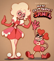  2girls arm_up big_hair black_eyes character_name colored_skin commentary_request cross-shaped_pupils double_bun elbow_gloves english_text eyelashes full_body gem_(steven_universe) gloves grin hair_bun hand_on_own_hip heart heart-shaped_gem heart-shaped_hair ikemen_san lips long_eyelashes multiple_girls pac-man_eyes pink_diamond_(steven_universe) pink_eyes pink_gloves pink_hair pink_shoes pink_skin puffy_short_sleeves puffy_sleeves red_hair shoes short_hair short_sleeves simple_background smile spinel_(original_form)_(steven_universe) spinel_(steven_universe) standing steven_universe steven_universe:_the_movie symbol-shaped_pupils teeth toon_(style) 