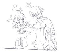  1boy 1girl alternate_costume armor blank_speech_bubble blunt_ends blush boots bridal_gauntlets coat cowlick diamond_hair_ornament dress dressing_another eyelashes fringe_trim full_body fur-trimmed_boots fur-trimmed_coat fur-trimmed_sleeves fur_trim genshin_impact greyscale hair_bun hair_ornament halo height_difference highres japanese_armor japanese_clothes kimono kote layered_sleeves leg_warmers long_sleeves looking_at_another looking_down mechanical_halo mittens monochrome on_one_knee open_mouth outstretched_arms paimon_(genshin_impact) rocks_2 rope sandals sash scaramouche_(genshin_impact) scarf short_hair short_sleeves shorts side_cape sidelocks single_side_bun sketch speech_bubble spread_arms standing stirrup_legwear tareme tassel toeless_legwear tsurime twitter_username wanderer_(genshin_impact) white_background winter_clothes winter_coat wolf_cut zouri 