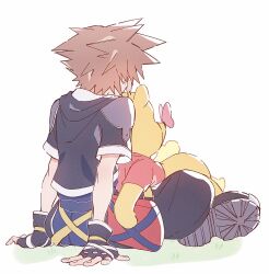  2boys animal attakaimizu7619 bear black_jacket brown_hair bug butterfly butterfly_on_nose clothed_animal commentary_request fingerless_gloves gloves highres indian_style jacket kingdom_hearts kingdom_hearts_ii male_focus multiple_boys pooh red_shirt shirt short_hair sitting sitting_on_lap sitting_on_person sora_(kingdom_hearts) spiky_hair white_background white_trim winnie_the_pooh 