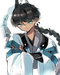  1boy aqua_eyes black_hair braid braided_ponytail bridal_gauntlets closed_mouth commentary_request crossed_arms dark-skinned_male dark_skin earrings floating_earrings glowing glowing_eyes hair_between_eyes highres horns ice_god_(jimini_shijimi) japanese_clothes jewelry jimini_shijimi light_smile long_hair long_sleeves looking_at_viewer original pointy_ears short_eyebrows simple_background slit_pupils solo tail upper_body white_background 