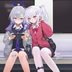  2girls absurdres bandaid bandaid_on_knee bandaid_on_leg berserker_r black_sweater bow bowtie brand_name_imitation chinese_commentary commentary_request crossed_bangs earphones facial_mark grey_eyes grey_hair grey_jacket hair_between_eyes handheld_game_console heart heart_facial_mark herta_(honkai:_star_rail) herta_(puppet)_(honkai:_star_rail) highres holding holding_handheld_game_console honkai:_star_rail honkai_(series) jacket long_hair long_sleeves multiple_girls necktie nintendo_switch_2 open_clothes open_jacket open_mouth pink_eyes pink_nails ponytail purple_necktie red_bow red_bowtie shared_earphones silver_wolf_(honkai:_star_rail) sitting skirt sparkle_(honkai:_star_rail) sparxie_(honkai:_star_rail) sweater thigh-highs twintails two-sided_fabric two-sided_jacket white_hair white_thighhighs 