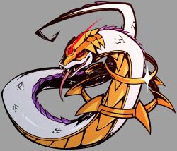  1other armor digimon digimon_(creature) digimon_beatbreak fangs forked_tongue gold_armor grey_background heliosboamon highres jewelry open_mouth red_eyes ridgeone ring simple_background snake third_eye tongue tongue_out white_scales white_snake 