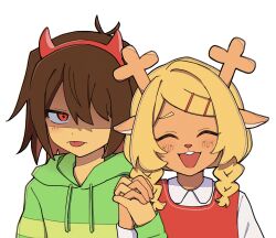  1girl 1other absurdres animal_ears antlers blonde_hair braid brown_hair closed_eyes closed_mouth collared_shirt commentary_request deer_antlers deer_ears deer_girl deltarune fake_horns green_hoodie hair_ornament hairband hairclip highres holding_hands hood hoodie horn_hairband horns interlocked_fingers kris_(deltarune) medium_hair noelle_holiday open_mouth red_eyes red_hairband red_horns shirt tongue tongue_out twin_braids usagi_mochi_(nsi_0012) utdr_(toby_fox) white_background white_shirt 