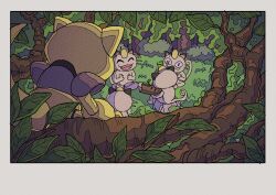  abra absurdres border cat claws closed_eyes closed_mouth commentary fangs forest highres in_tree meowth nature no_humans onamuzi_illust open_mouth outdoors pokemon pokemon_(creature) pokemon_focus smile tree whiskers 