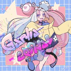  1girl :d blue_background blue_hair bow-shaped_hair commentary_request grey_pantyhose grid_background highres iono_(pokemon) jacket long_hair looking_at_viewer mkrn_grtn open_mouth pantyhose pink_background pink_eyes pink_hair pokemon pokemon_scarlet_and_violet sharp_teeth signature single_leg_pantyhose sleeves_past_fingers sleeves_past_wrists smile solo star_(symbol) teeth thigh_strap twintails upper_teeth_only very_long_hair yellow_jacket 