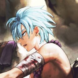  1boy bandaged_arm bandages bead_necklace beads black_hair blood blood_on_bandages blue_eyes camus_(dq11) cave commentary cropped dragon_quest dragon_quest_xi earrings from_side half-closed_eyes highres jewelry jun_(navigavi) looking_to_the_side male_focus necklace nipples nose open_mouth profile short_hair solo teeth topless_male unworn_clothes upper_body upper_teeth_only wet 