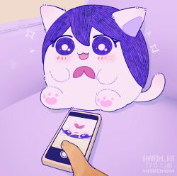 :3 animalization camera cat cellphone chibi commentary digitigrade mari_(omori) maromichan omori phone sitting smartphone smile sparkle taking_picture untranslatable_commentary