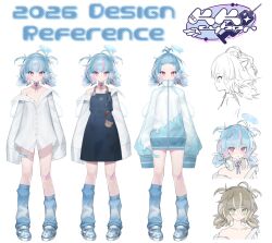  1girl 2026 ahoge angel_wings apron badge bandaid bandaid_on_leg bangs_blown_up bare_shoulders blue_apron blue_bow blue_choker blue_hair blue_halo blue_jacket blue_leg_warmers bow brown_hair button_badge buttons character_name choker closed_mouth commentary crocs dress_shirt english_commentary expressionless from_side glasses green_eyes grey_bow halo headphones headphones_around_neck high_collar highres indie_virtual_youtuber jacket jibbitz kkcyber leg_warmers logo long_sleeves looking_at_viewer melting_halo messy_hair mins_(minevi) multicolored_hair multicolored_jacket multiple_views off-shoulder_shirt off_shoulder official_art oversized_clothes oversized_shirt pink_choker pink_eyes pink_streaks pocket reference_sheet ribbon_choker round_eyewear second-party_source shirt short_hair short_twintails simple_background sleeves_past_fingers sleeves_past_wrists standing straight-on streaked_hair syringe twintails two-tone_bow virtual_youtuber white_background white_jacket white_shirt white_wings wings zipper 